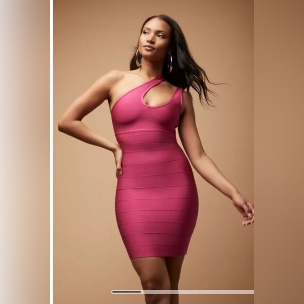 Herve Leger Fuchsia One-Shoulder Bandage Dress